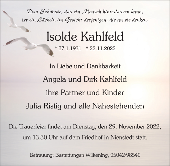 Traueranzeige von Isolde Kahlfeld von Neue Deister-Zeitung