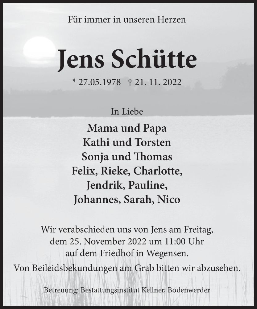  Traueranzeige für Jens Schütte vom 23.11.2022 aus Deister- und Weserzeitung