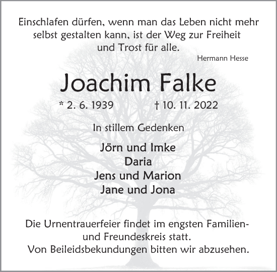 Traueranzeige von Joachim Falke von Deister- und Weserzeitung