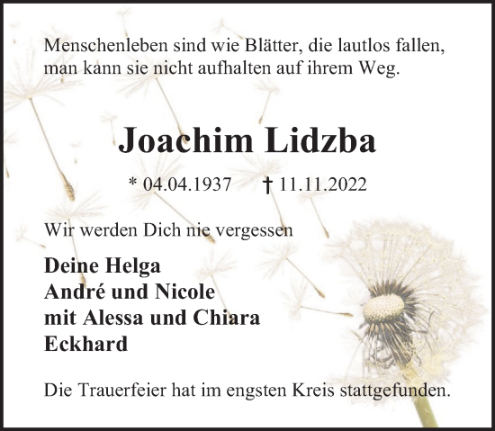 Traueranzeige von Joachim Lidzba von Deister- und Weserzeitung