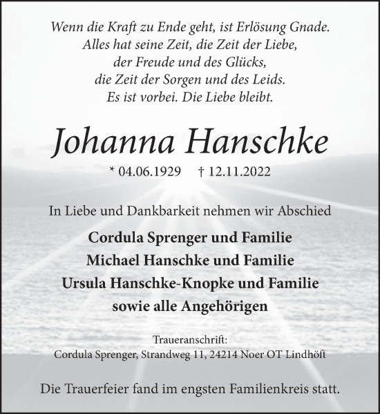 Traueranzeige von Johanna Hanschke von Neue Deister-Zeitung