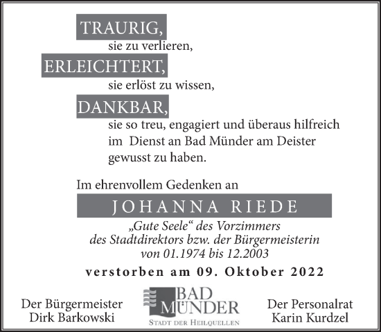 Traueranzeige von Johanna Riede von Neue Deister-Zeitung