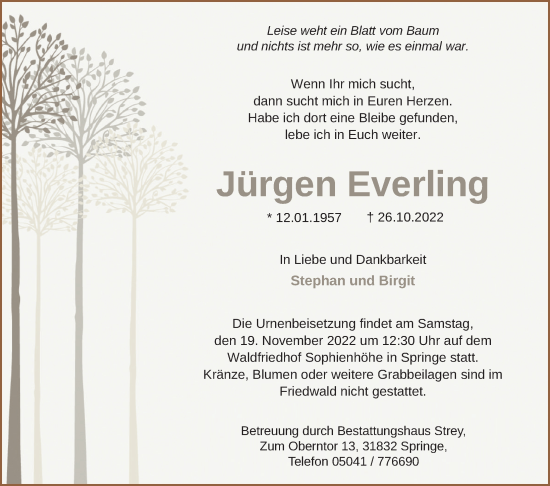 Traueranzeige von Jürgen Everling von Neue Deister-Zeitung