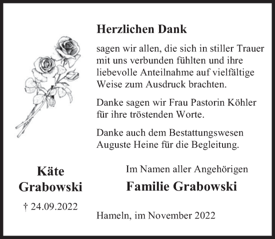 Traueranzeige von Käte Grabowski von Deister- und Weserzeitung