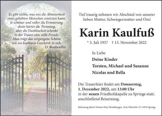 Traueranzeige von Karin Kaulfuß von Neue Deister-Zeitung