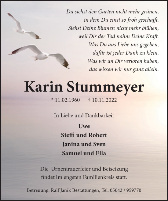 Traueranzeige von Karin Stummeyer von Neue Deister-Zeitung