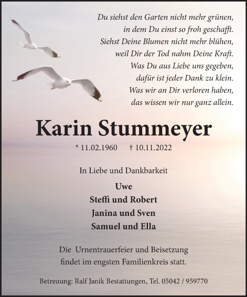  Traueranzeige für Karin Stummeyer vom 19.11.2022 aus Neue Deister-Zeitung