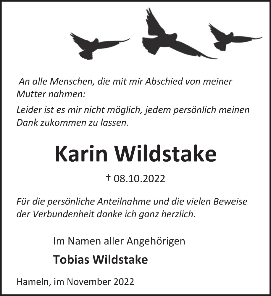  Traueranzeige für Karin Wildstake vom 26.11.2022 aus Deister- und Weserzeitung