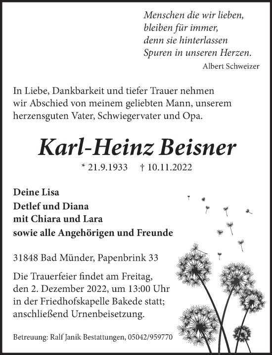 Traueranzeige von Karl-Heinz Beisner von Neue Deister-Zeitung