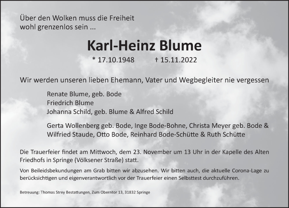  Traueranzeige für Karl-Heinz Blume vom 19.11.2022 aus Deister- und Weserzeitung