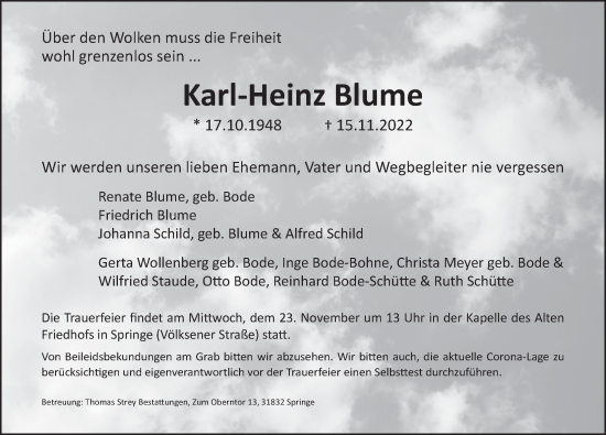 Traueranzeige von Karl-Heinz Blume von Deister- und Weserzeitung