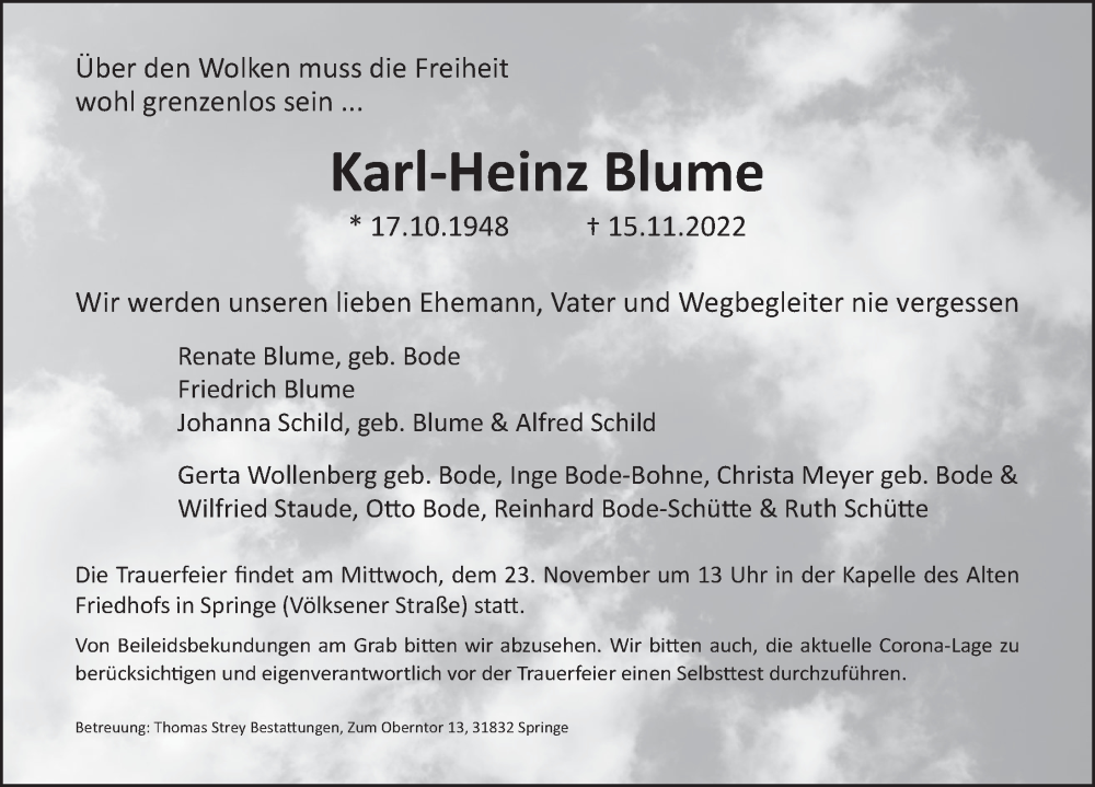 Traueranzeige für Karl-Heinz Blume vom 19.11.2022 aus Neue Deister-Zeitung