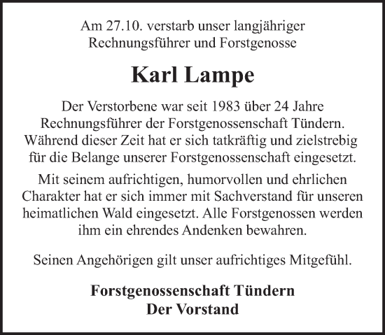Traueranzeige von Karl Lampe von Deister- und Weserzeitung