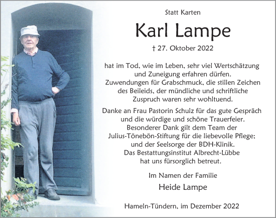 Traueranzeige von Karl Lampe von Deister- und Weserzeitung