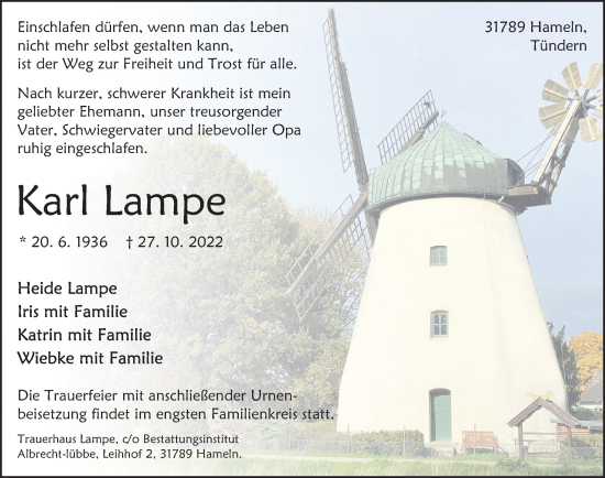 Traueranzeige von Karl Lampe von Deister- und Weserzeitung