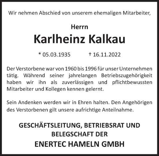 Traueranzeige von Karlheinz Kalkau von Deister- und Weserzeitung