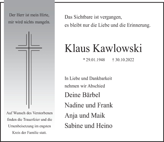 Traueranzeige von Klaus Kawlowski von Deister- und Weserzeitung