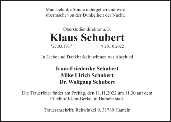 Traueranzeige von Klaus Schubert von Deister- und Weserzeitung
