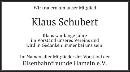 Traueranzeige von Klaus Schubert von Deister- und Weserzeitung