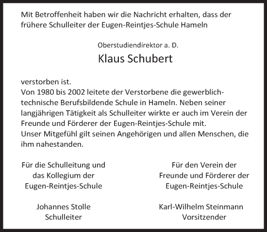 Traueranzeige von Klaus Schubert von Deister- und Weserzeitung