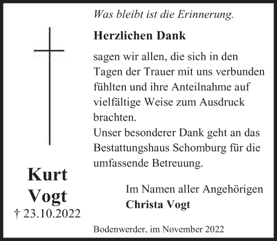 Traueranzeige von Kurt Vogt von Deister- und Weserzeitung