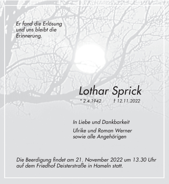 Traueranzeige von Lothar Sprick von Deister- und Weserzeitung