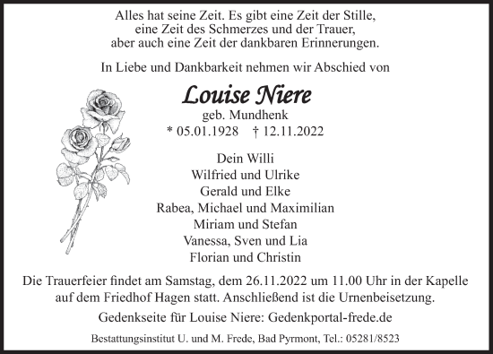 Traueranzeige von Louise Niere von Deister- und Weserzeitung