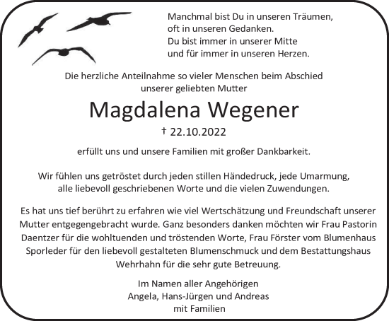 Traueranzeige von Magdalena Wegener von Neue Deister-Zeitung