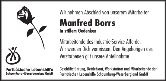 Traueranzeige von Manfred Borrs von Deister- und Weserzeitung