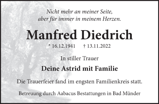 Traueranzeige von Manfred Diedrich von Neue Deister-Zeitung