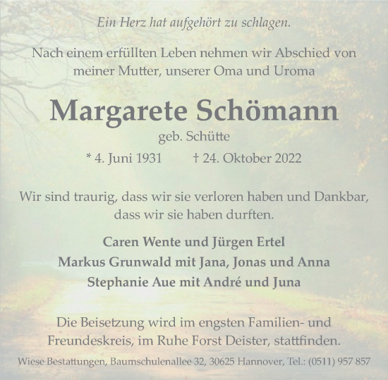 Traueranzeige von Margarete Schömann von Deister- und Weserzeitung