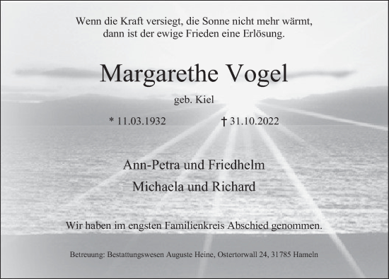 Traueranzeige von Margarethe Vogel von Deister- und Weserzeitung