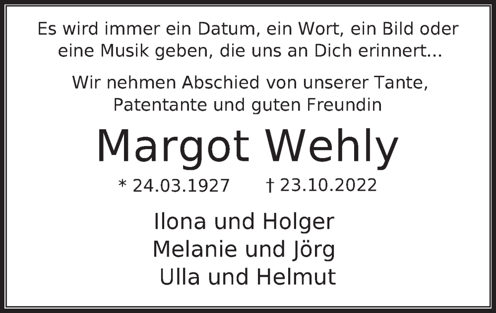  Traueranzeige für Margot Wehly vom 19.11.2022 aus Deister- und Weserzeitung