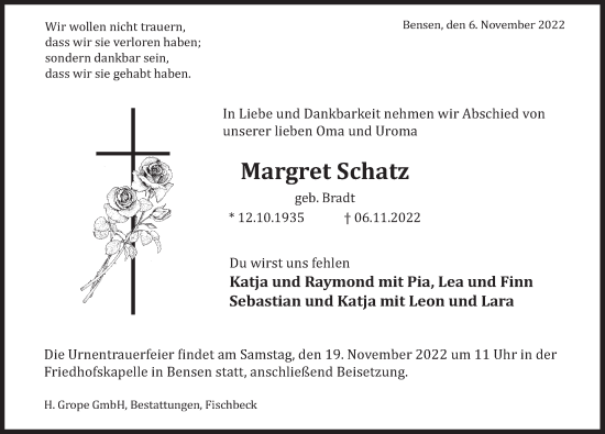 Traueranzeige von Margret Schatz von Deister- und Weserzeitung