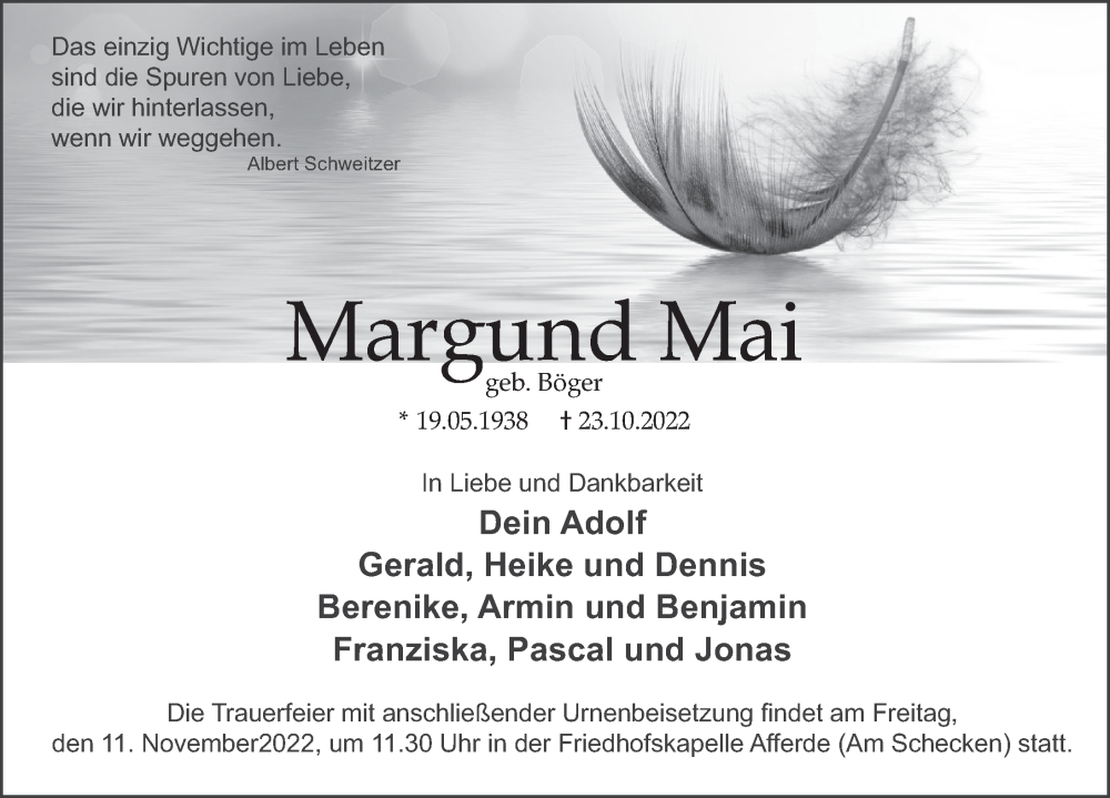  Traueranzeige für Margund Mai vom 05.11.2022 aus Deister- und Weserzeitung