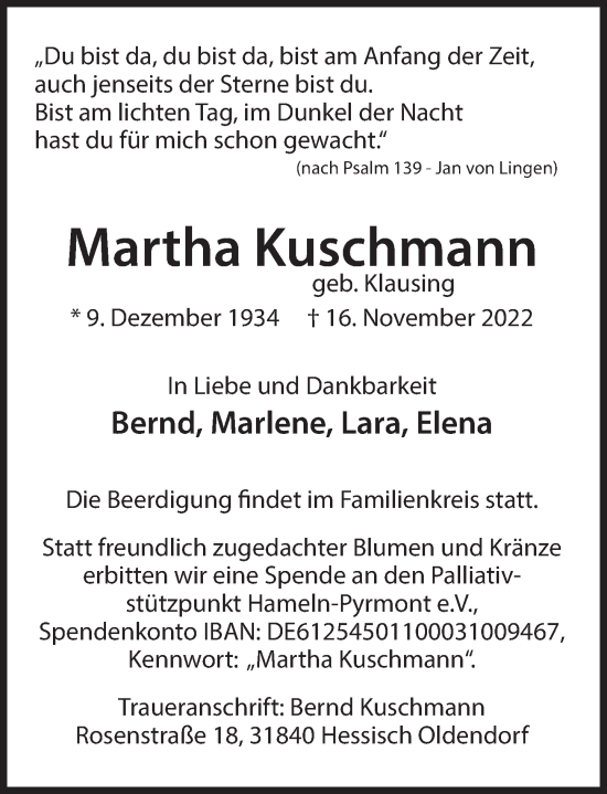 Traueranzeige von Martha Kuschmann von Deister- und Weserzeitung