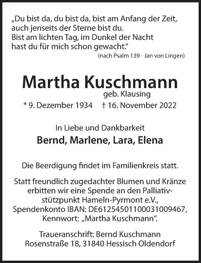  Traueranzeige für Martha Kuschmann vom 21.11.2022 aus Deister- und Weserzeitung