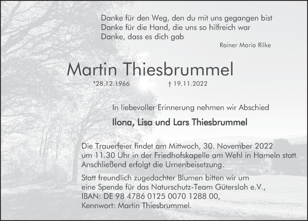  Traueranzeige für Martin Thiesbrummel vom 26.11.2022 aus Deister- und Weserzeitung