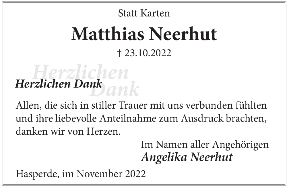  Traueranzeige für Matthias Neehut vom 26.11.2022 aus Deister- und Weserzeitung