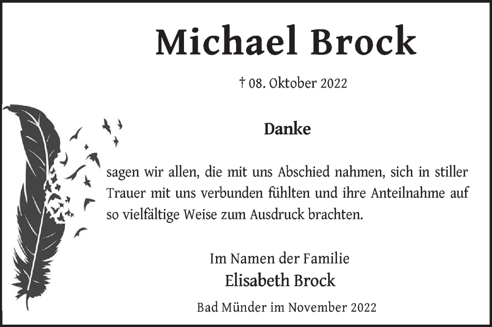  Traueranzeige für Michael Brock vom 26.11.2022 aus Neue Deister-Zeitung