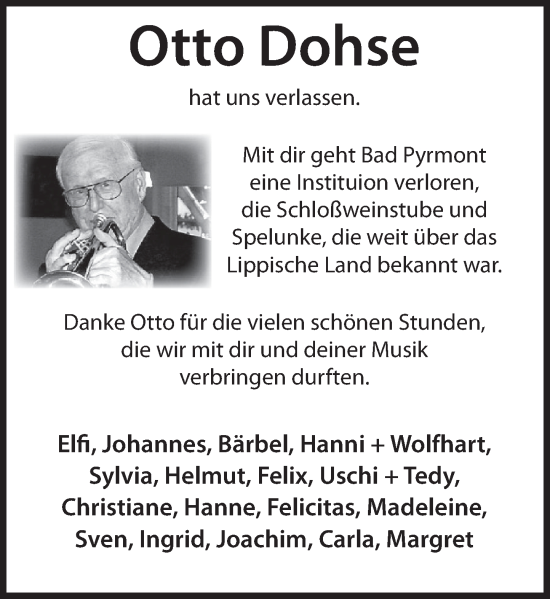 Traueranzeige von Otto Dohse von Deister- und Weserzeitung