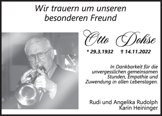 Traueranzeige von Otto Dohse von Deister- und Weserzeitung
