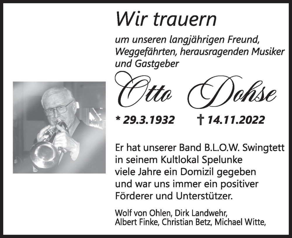 Traueranzeige für Otto Dohse vom 19.11.2022 aus Deister- und Weserzeitung