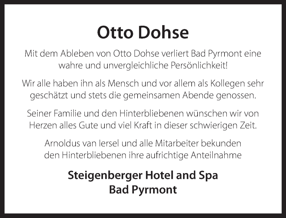  Traueranzeige für Otto Dohse vom 19.11.2022 aus Deister- und Weserzeitung