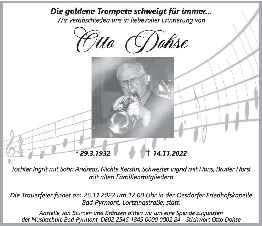  Traueranzeige für Otto Dohse vom 19.11.2022 aus Deister- und Weserzeitung