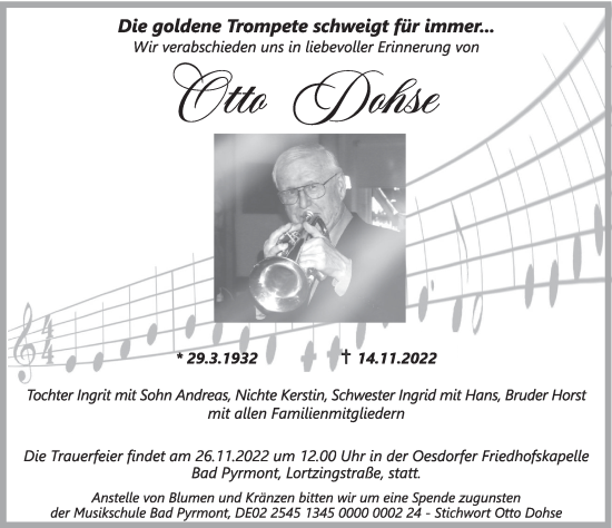 Traueranzeige von Otto Dohse von Deister- und Weserzeitung