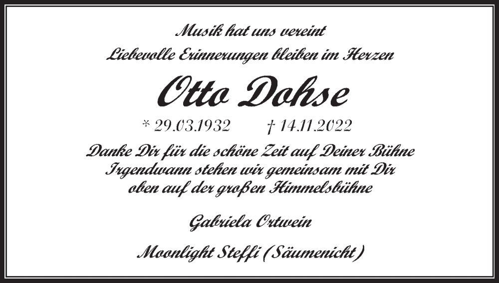  Traueranzeige für Otto Dohse vom 26.11.2022 aus Deister- und Weserzeitung