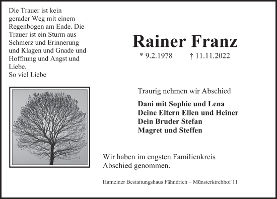 Traueranzeige von Rainer Franz von Deister- und Weserzeitung