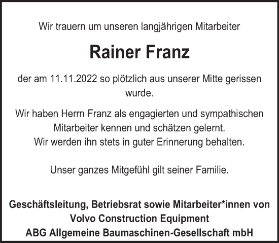 Traueranzeige von Rainer Franz von Deister- und Weserzeitung