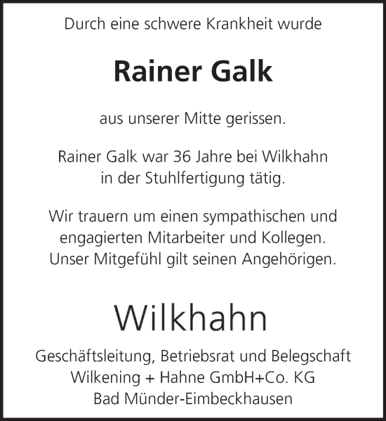 Traueranzeige von Rainer Galk von Neue Deister-Zeitung